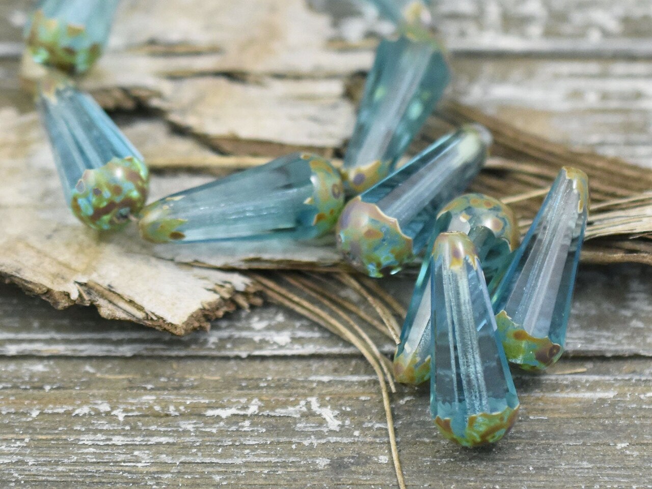 *6* 8x20mm Aqua Picasso Faceted Drop Beads